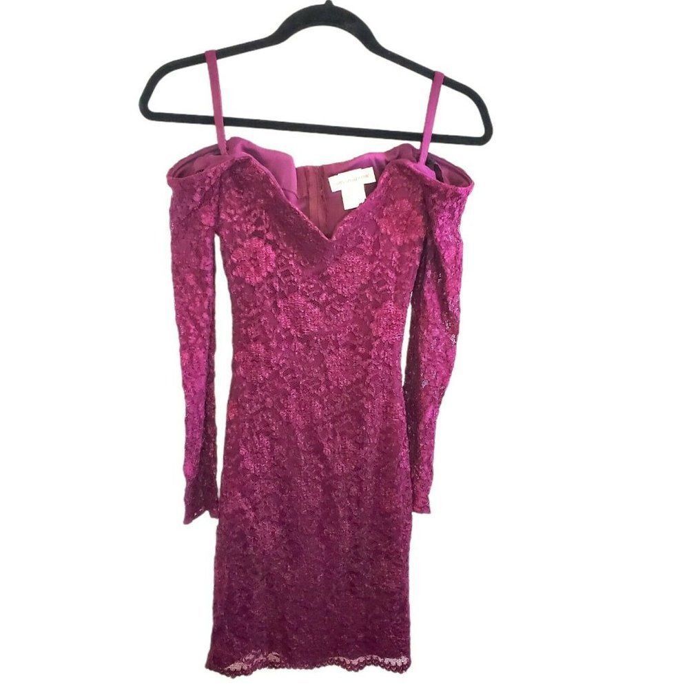 90s Fuschia Mini Dress‎ Lace Pink Long Sleeve Tight
